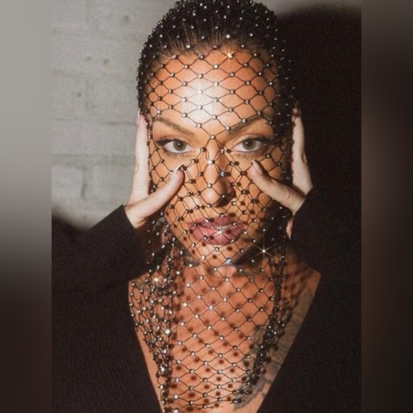 New Unique Black Mesh Face Mask / Headpiece Crystal Body Jewelry - Picture 13 of 16